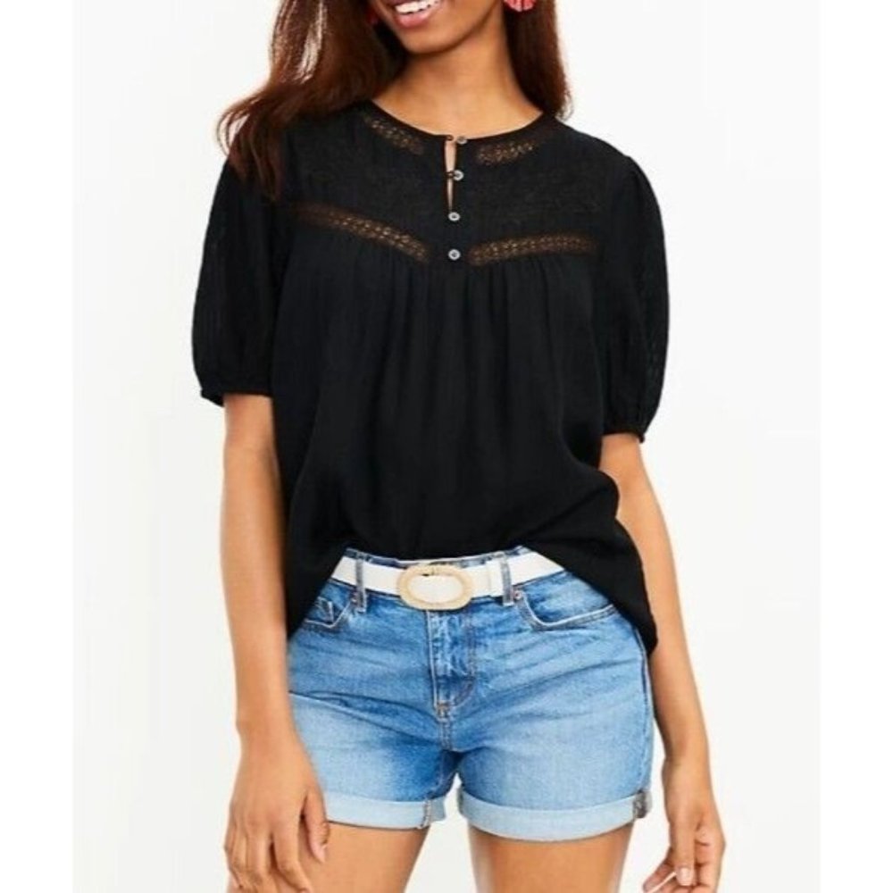 LOFT Women's Lace Yoke Button Blouse Top Black Lagenlook Sz Medium Viscose Blend